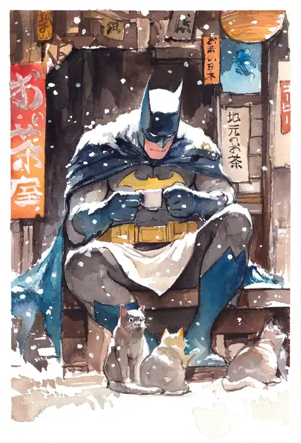 Batman sits cross-legged on a wooden step outside a traditional Japanese tea house, snow falling around him as he holds a…