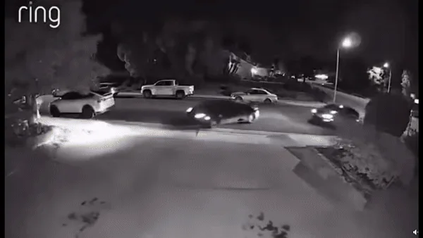 A six-panel Ring camera security footage sequence shows a black car pulling up to a driveway at night, a person exiting the…