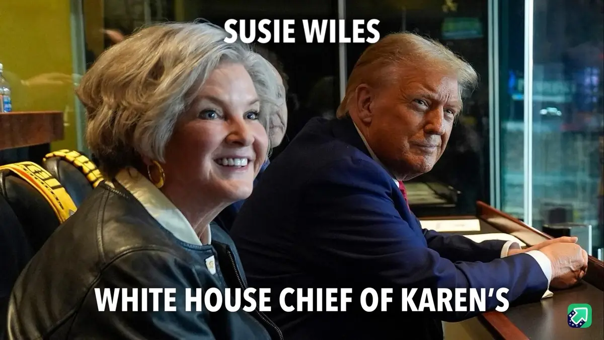 A photo shows Susie Wiles smiling brightly while seated next to Donald Trump, who is looking over his shoulder. White text…