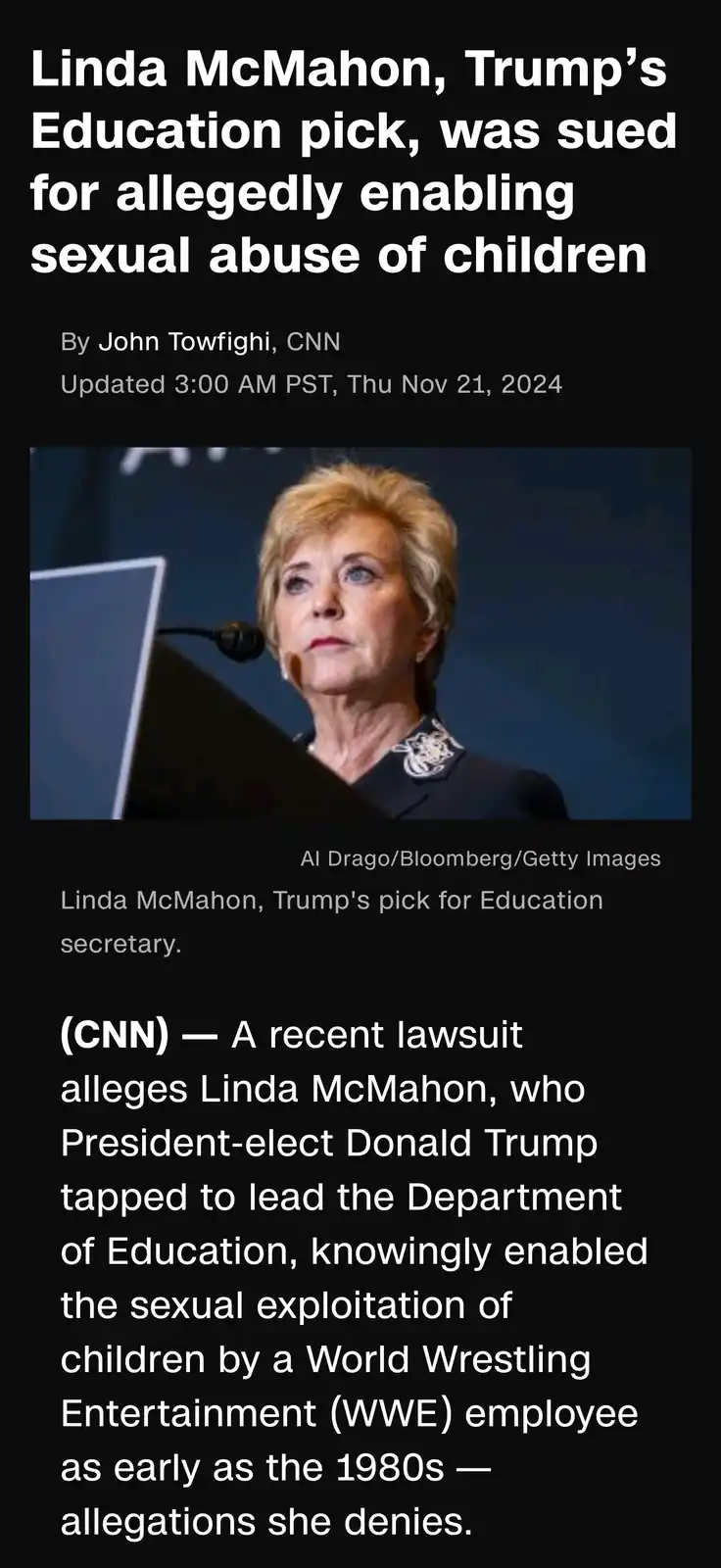 The image displays a screenshot of a CNN news article featuring a photo of Linda McMahon, identified as Trump's pick for…
