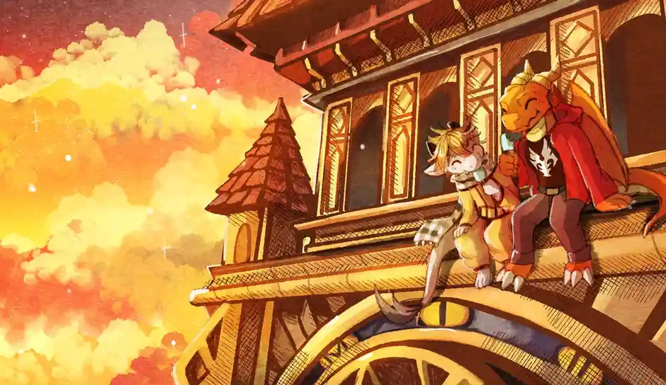 Two anthropomorphic characters, a smaller one with cat-like ears and a larger dragon-like one, sit relaxed on a wooden…
