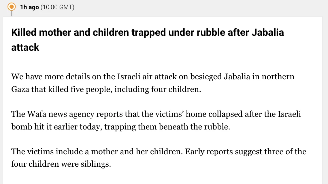 A screenshot of a news article headline and body text reporting on a tragic event in Jabalia, Gaza, where a mother and four…