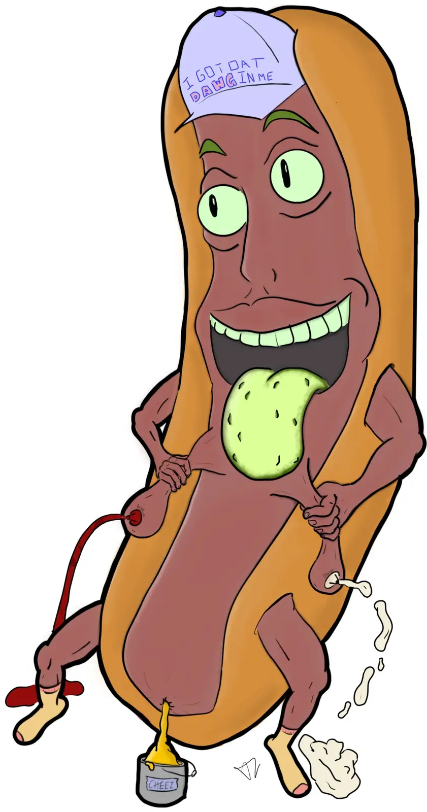 A cartoon hot dog character with green eyes and a wide grin, wearing a purple cap that says 'I GOT DAT DAWG IN ME', is…