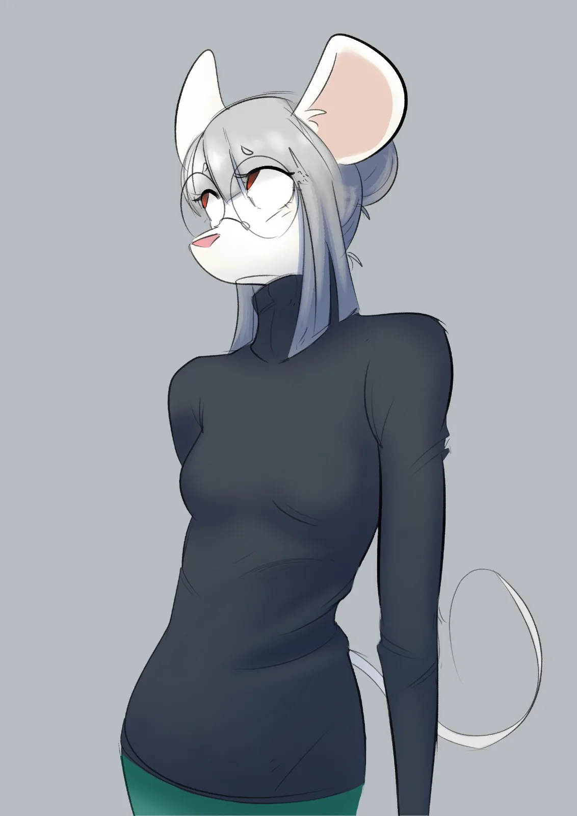 An anime-style anthropomorphic mouse with silver hair, red eyes, and mouse ears is shown in a side profile wearing a dark…