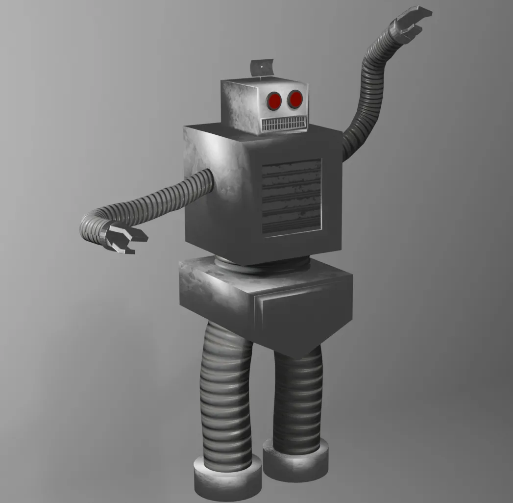 A classic retro-style robot with a boxy silver body, red eyes, and corrugated hose-like arms and legs, one arm raised in a…