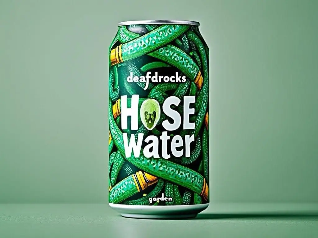 A green aluminum beverage can labeled 'deafdrocks HOSE Water garden' is wrapped in a chaotic tangle of green garden hoses…