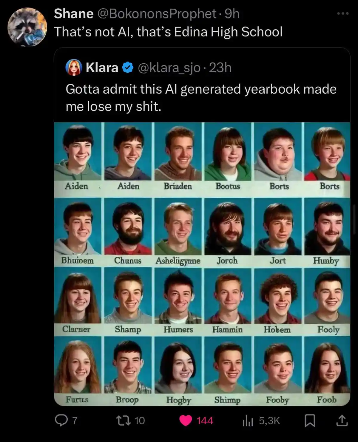 A screenshot of a Twitter thread shows a yearbook-style grid of 20 photos of young people against a blue background, each…