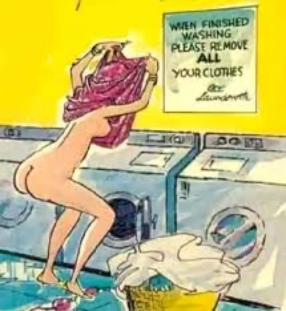 A vintage-style cartoon depicts a nude woman standing on a washing machine in a laundromat, holding up a pink garment as if…