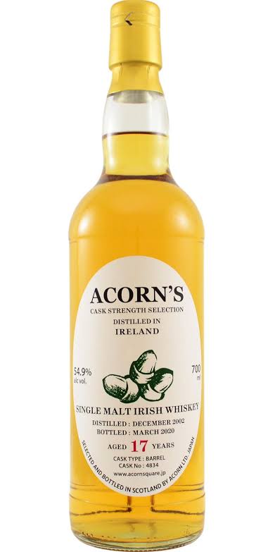 A bottle of Acorn's Single Malt Irish Whiskey is shown, with a label indicating it was distilled in Ireland but selected and…