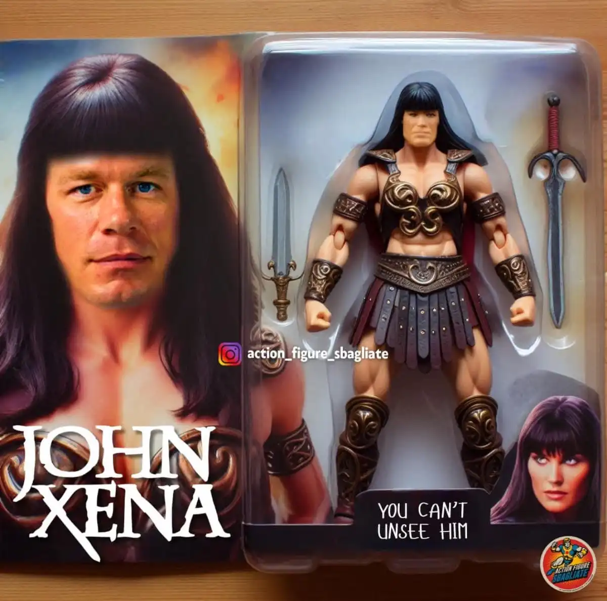 An action figure of the character Xena, dressed in her iconic armor and holding swords, is shown in its packaging. The box…