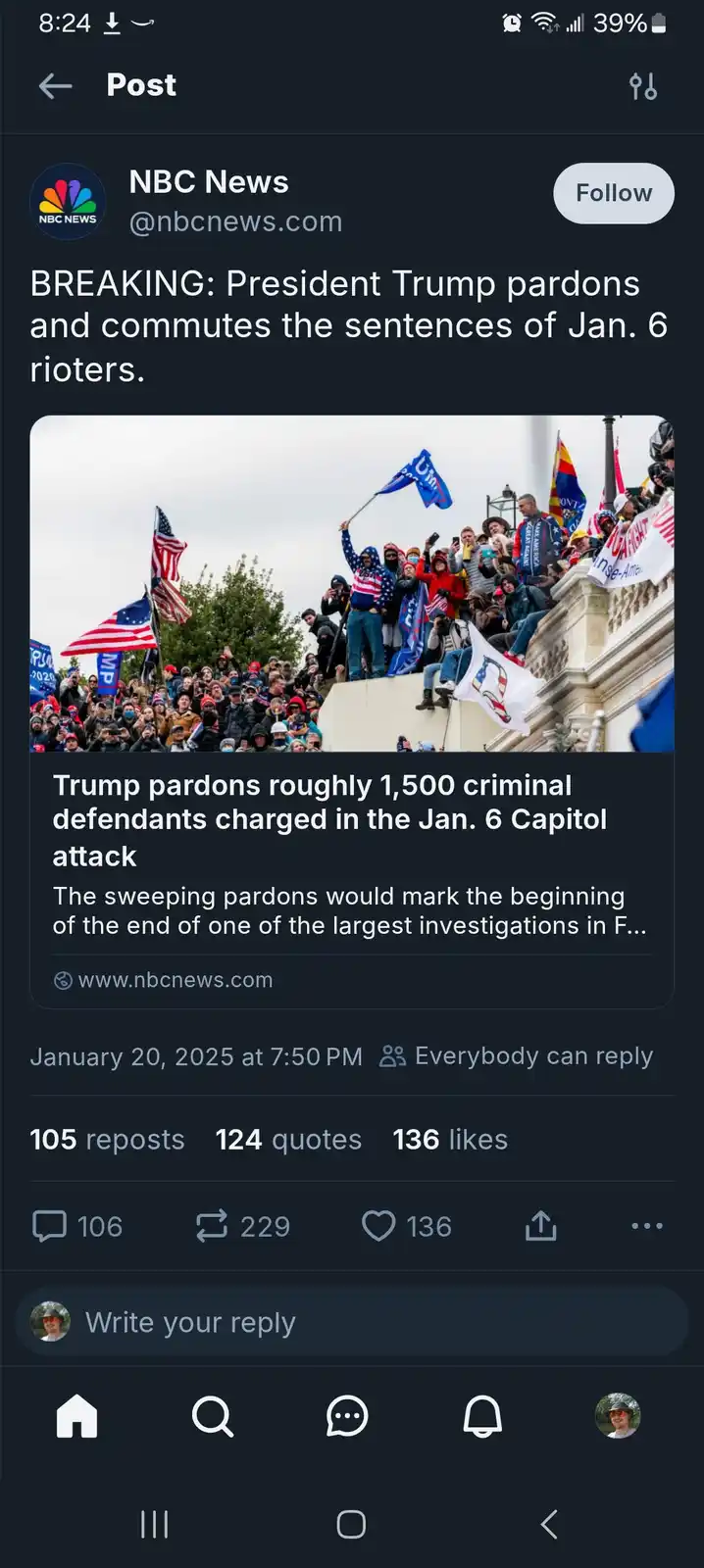A screenshot of an NBC News post from January 20, 2025, showing a photo of a crowd of people on the Capitol building's steps…