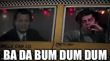 Six panels show two men in a yellow taxi cab with 'BELLE CAB CO' written on the side. The driver looks forward with a…