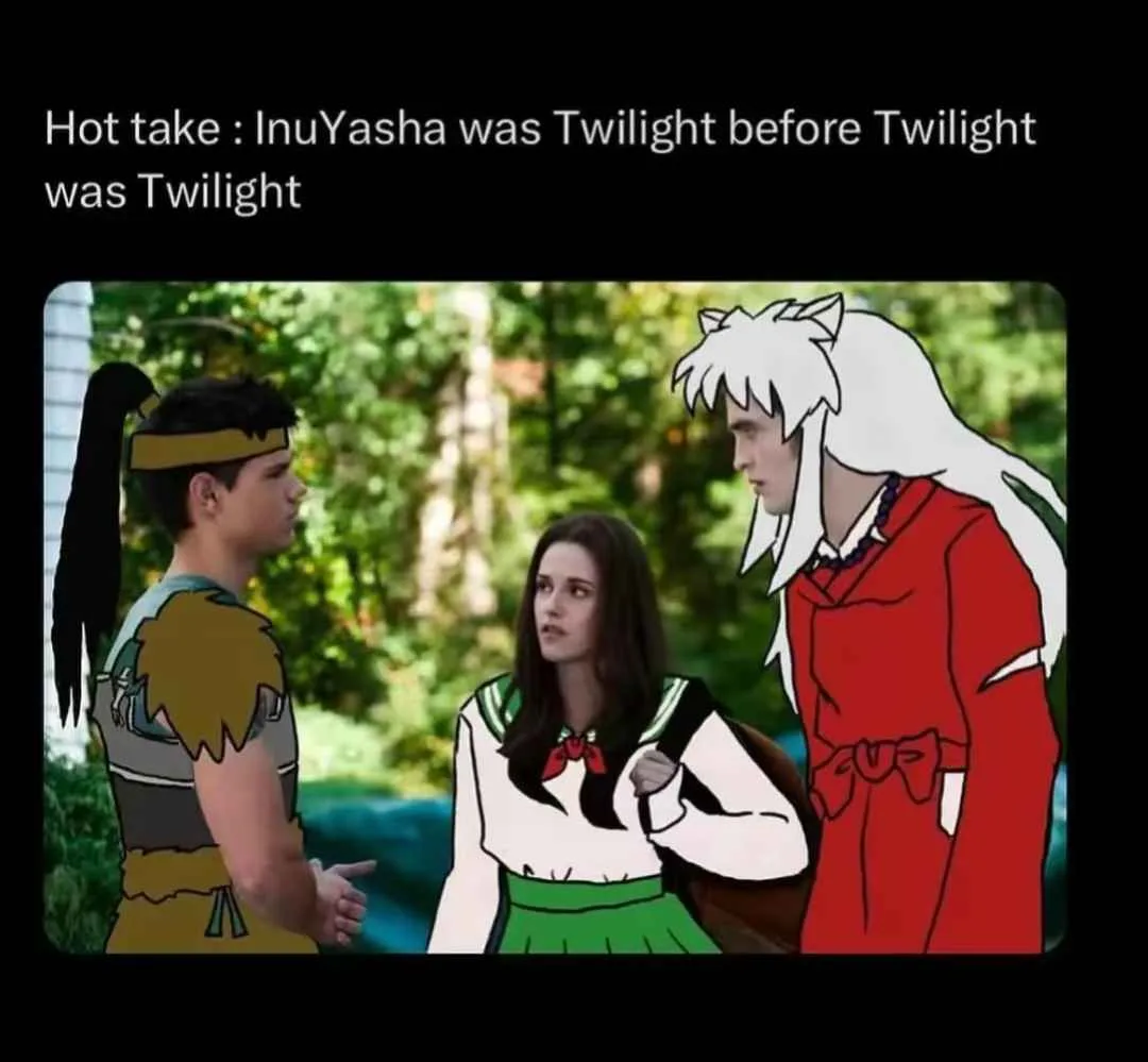 The image shows three characters from different media: on the left, a male character with a black ponytail and a yellow…