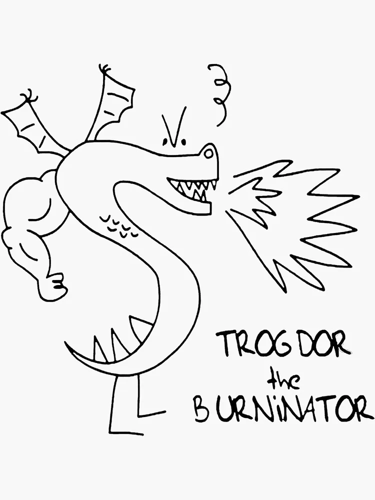 A simple black-and-white line drawing shows a cartoon dragon with exaggerated muscles, bat-like wings, and a spiky tail…