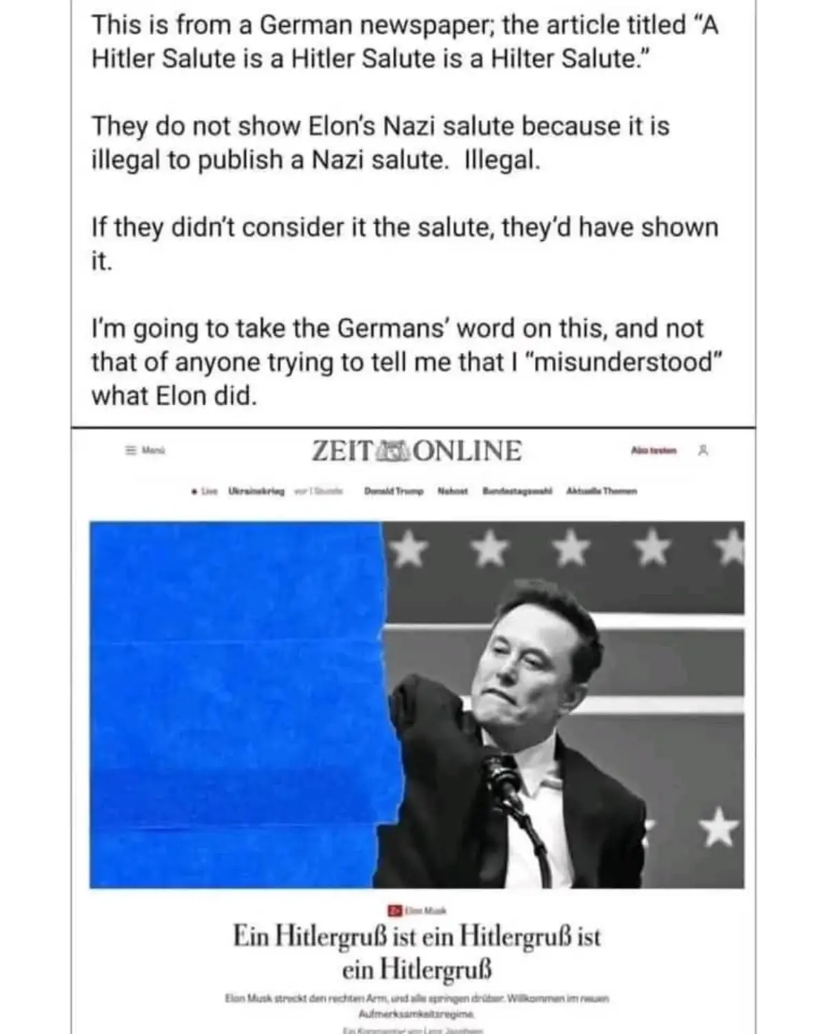 A screenshot of a German newspaper article from Zeit Online shows Elon Musk making a Nazi salute gesture, with the headline…