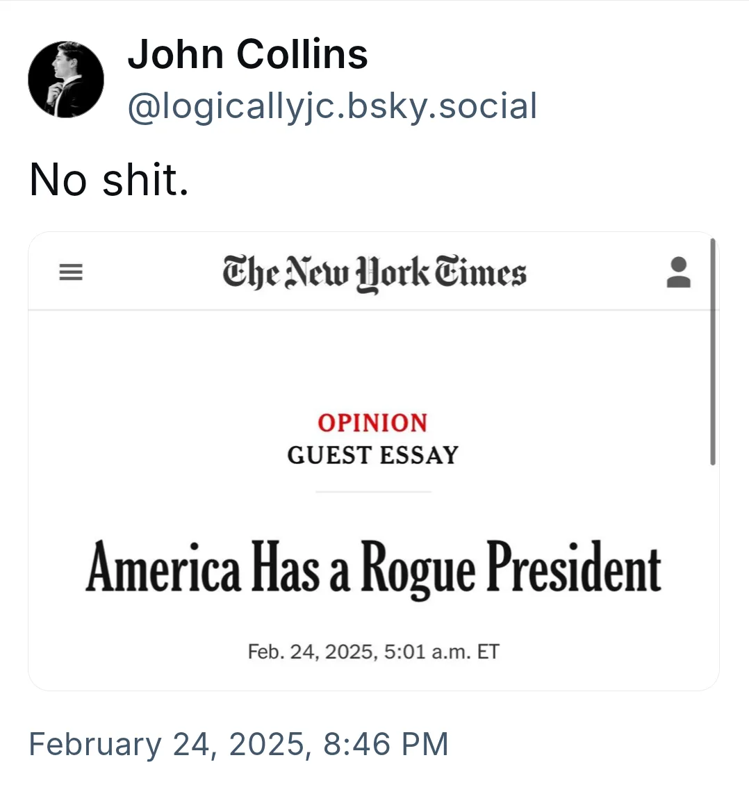 A screenshot of a social media post by John Collins showing a mock New York Times webpage with the headline 'America Has a…