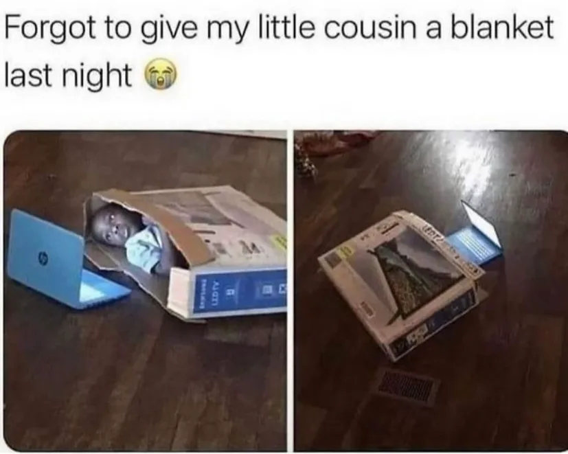 Two-panel image: left shows a baby peeking out from inside a cardboard laptop box, looking at a blue laptop; right shows the…
