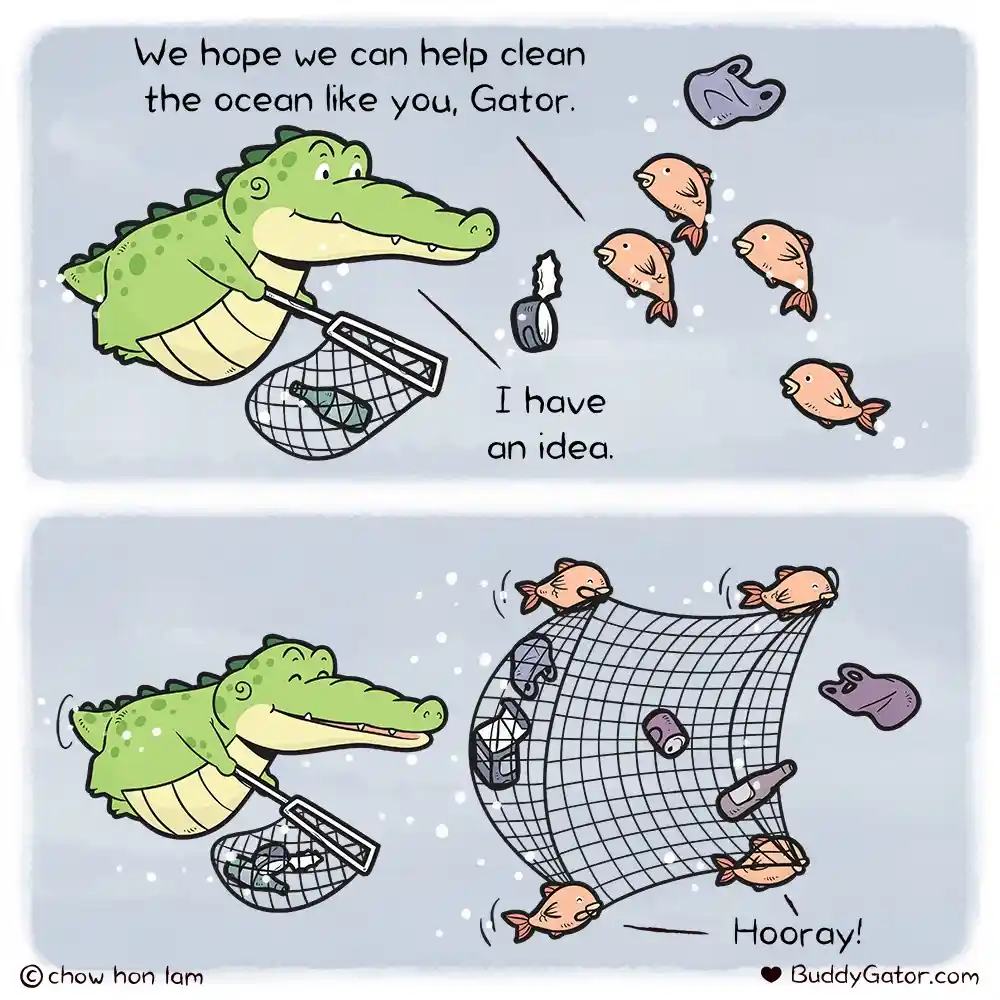 A two-panel cartoon shows a green alligator holding a net with trash, while small fish swim nearby. In the first panel, the…