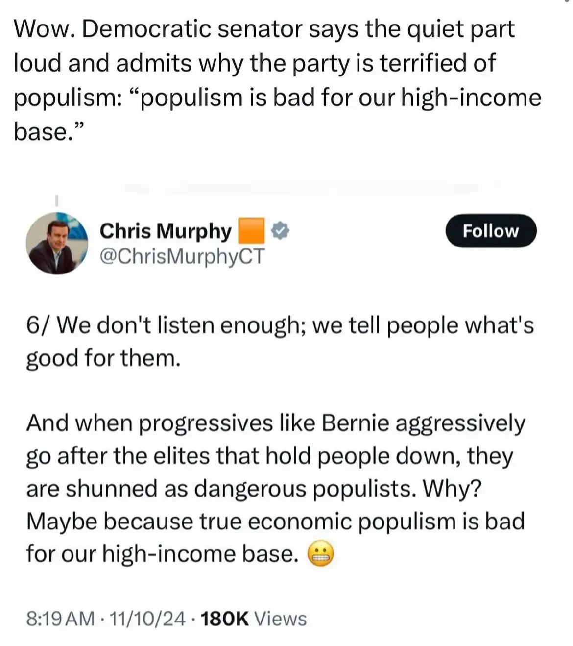 A screenshot of a tweet by Chris Murphy (@ChrisMurphyCT) showing his profile picture, a 'Follow' button, and his tweet text…