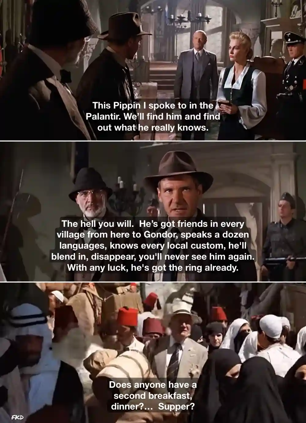 A three-panel meme using scenes from 'Indiana Jones and the Temple of Doom' where characters discuss a mysterious person…