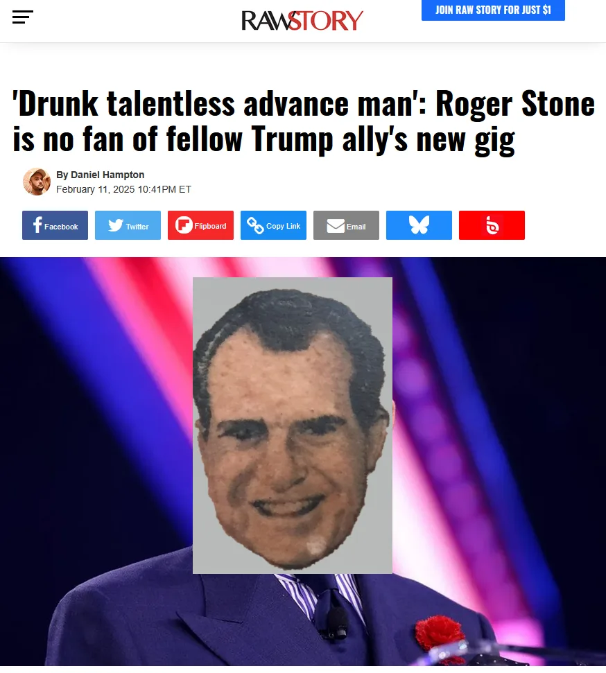 A screenshot of a Raw Story news article with a headline about Roger Stone criticizing a fellow Trump ally. The main image…