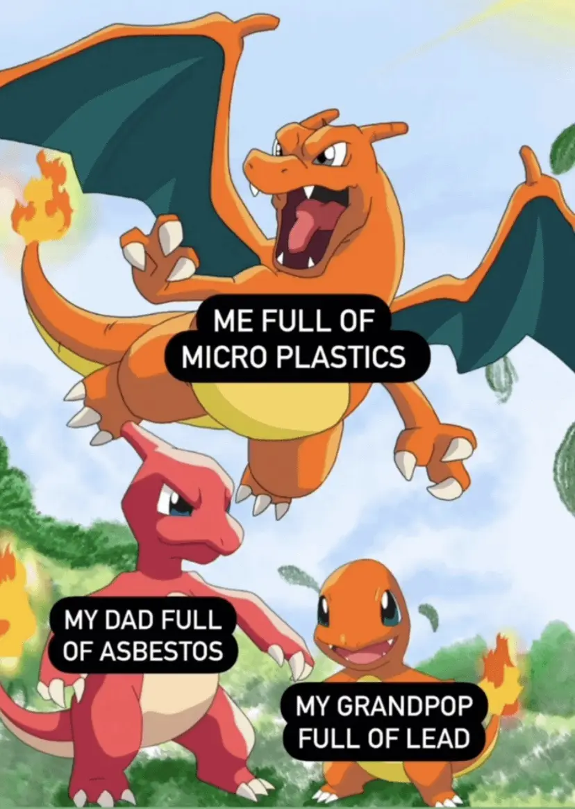 The image shows three generations of Charizard from Pokémon: an adult Charizard in the sky, a younger one in the middle, and…