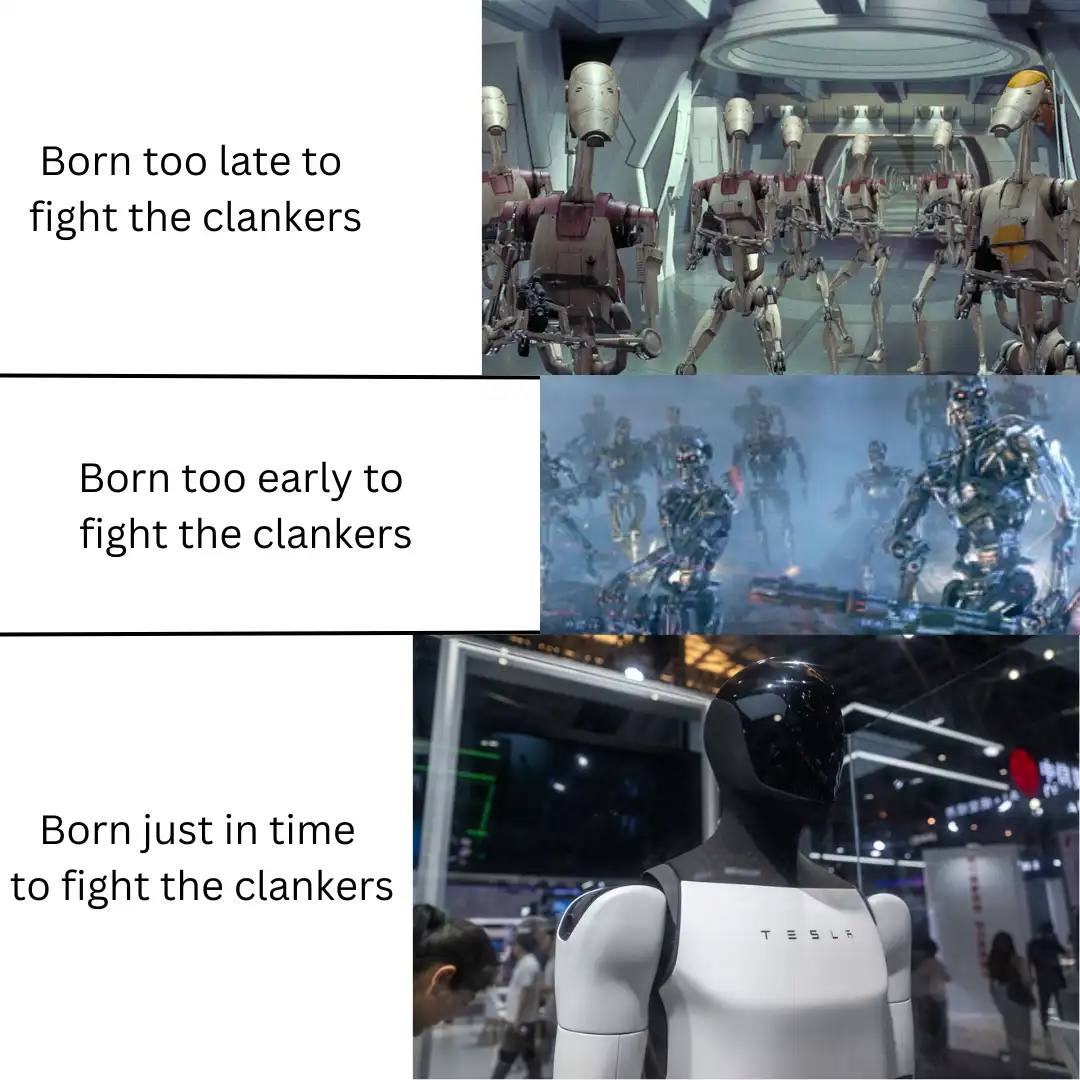 The meme displays three panels: the top shows clunky, vintage-style robots from Star Wars; the middle shows sleek, metallic…