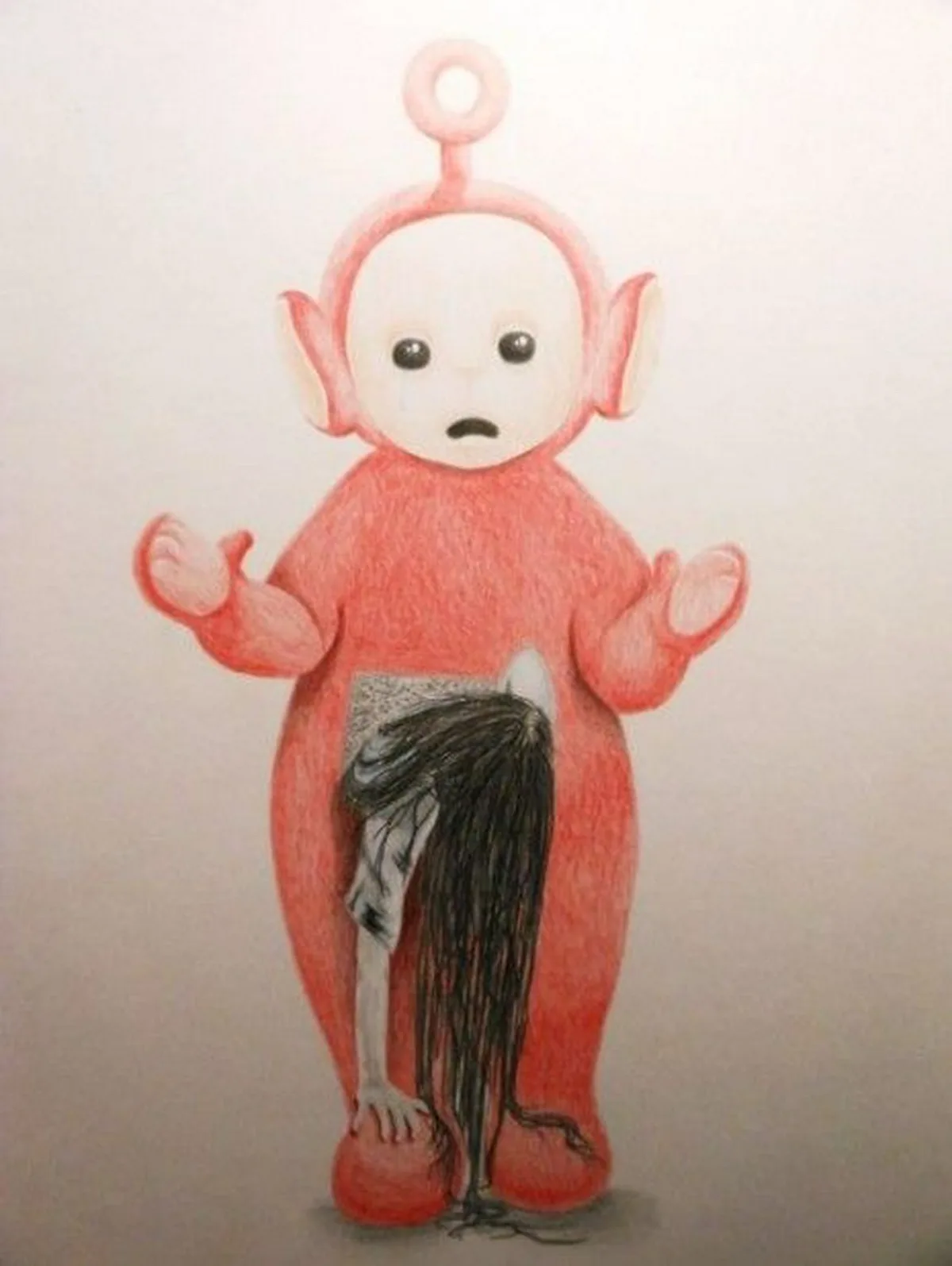 A hand-drawn image shows a pink Teletubby-like character with a worried expression and arms outstretched. Emerging from its…