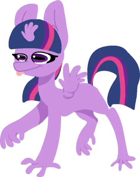 A purple cartoon pony with a blue and pink striped hat and matching mane and tail, wearing glasses and sticking out her…