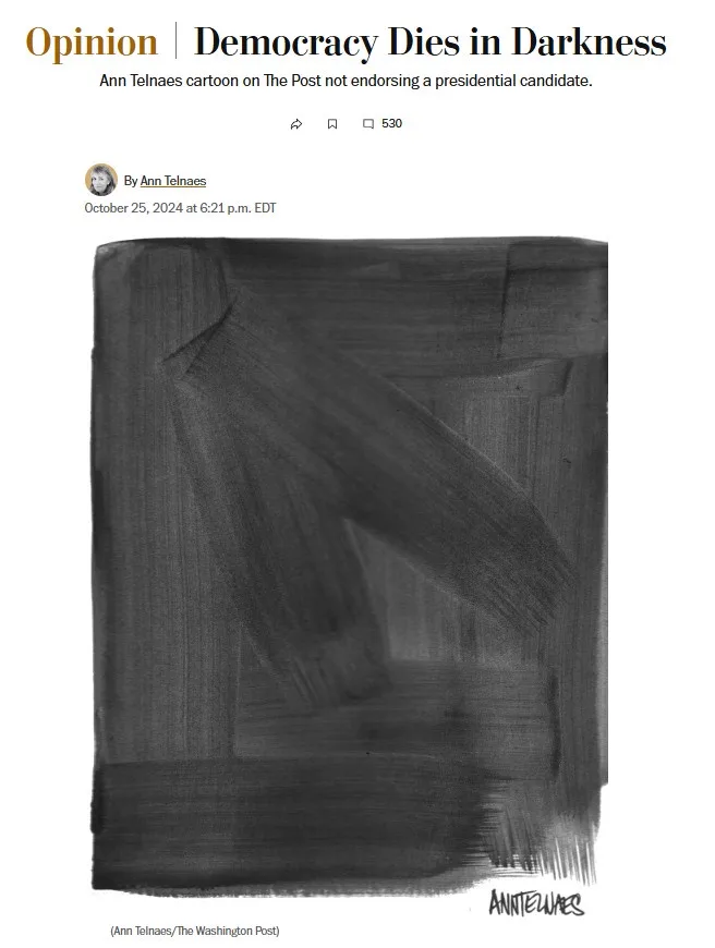 A black-and-white political cartoon by Ann Telnaes, published in The Washington Post, depicts a large, abstract, dark shape…