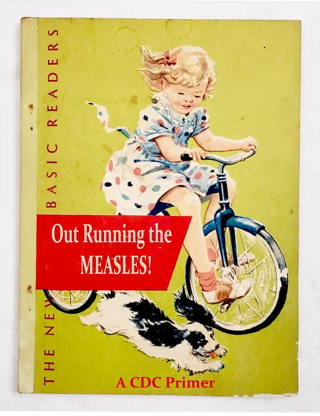 A vintage children's book cover titled 'Out Running the MEASLES!' with a red banner overlaying a girl riding a bicycle and a…
