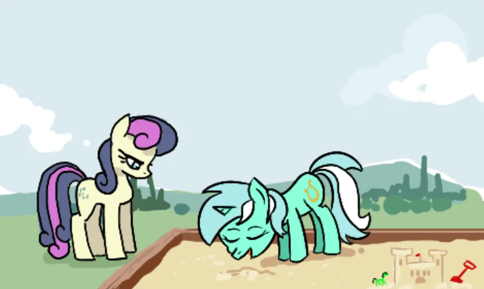 A cartoon pony with a cream body and purple mane stands with a smug expression, looking down at another cyan pony who is…