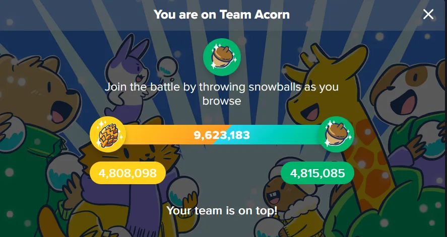 A game interface shows a snowy battle between two cartoon animal teams, 'Team Acorn' and 'Team Wheat,' with a score of…