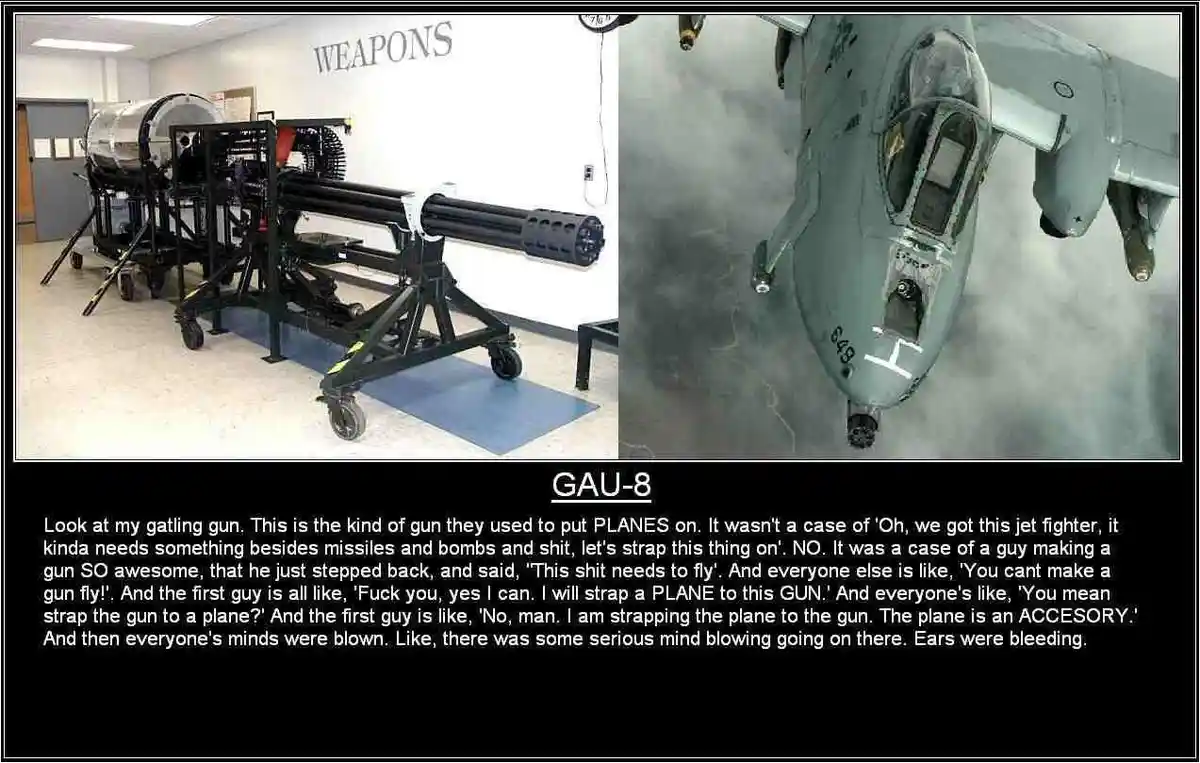 The image is split: left side shows a large GAU-8 Avenger rotary cannon on a wheeled stand in a room labeled 'WEAPONS'…