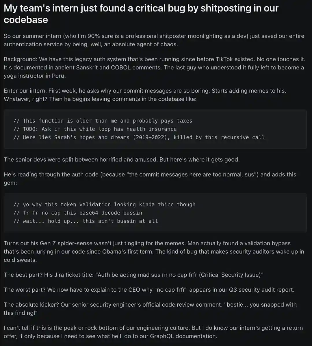 A black-background text post detailing how a summer intern, suspected to be a professional shitposter, accidentally…