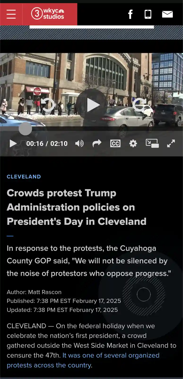 A screenshot of a WKYC news article about protests in Cleveland on President's Day, showing a video player with a play…