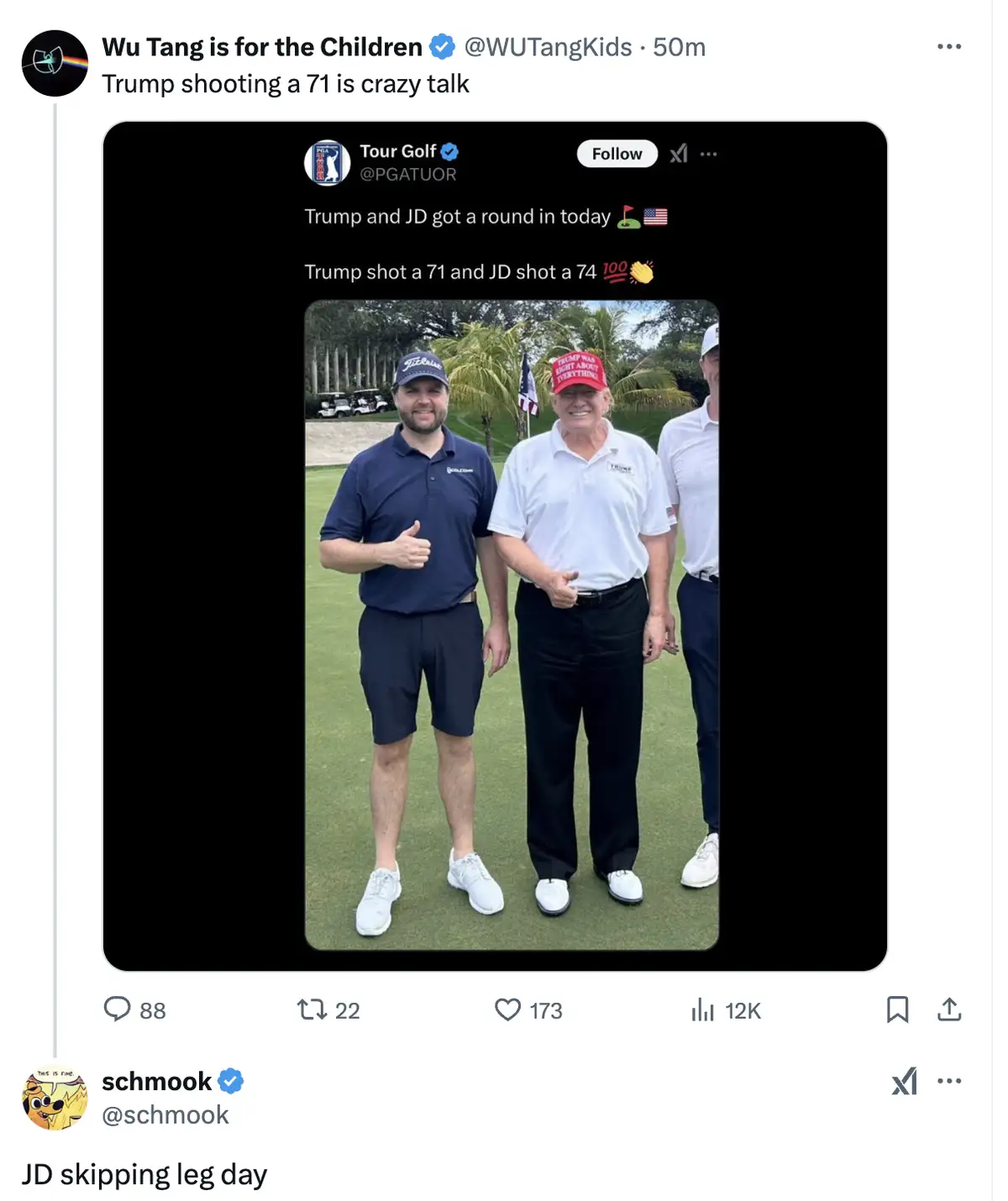 A screenshot of a tweet by 'Wu Tang is for the Children' showing a photo of Donald Trump and JD Vance on a golf course…