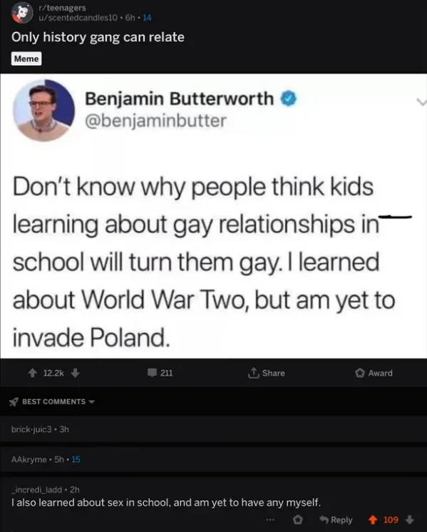 A screenshot of a tweet by Benjamin Butterworth that reads: 'Don't know why people think kids learning about gay…