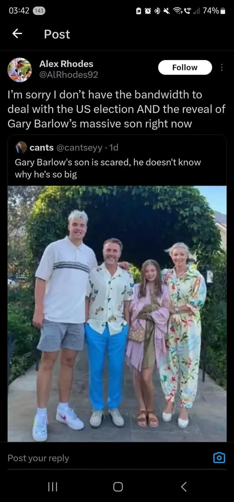 A screenshot of a social media post showing a family photo of Gary Barlow, his wife, and their two children. The son on the…