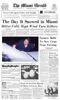 A vintage newspaper front page from The Miami Herald dated February 1977, featuring the headline 'The Day It Snowed in Miami…