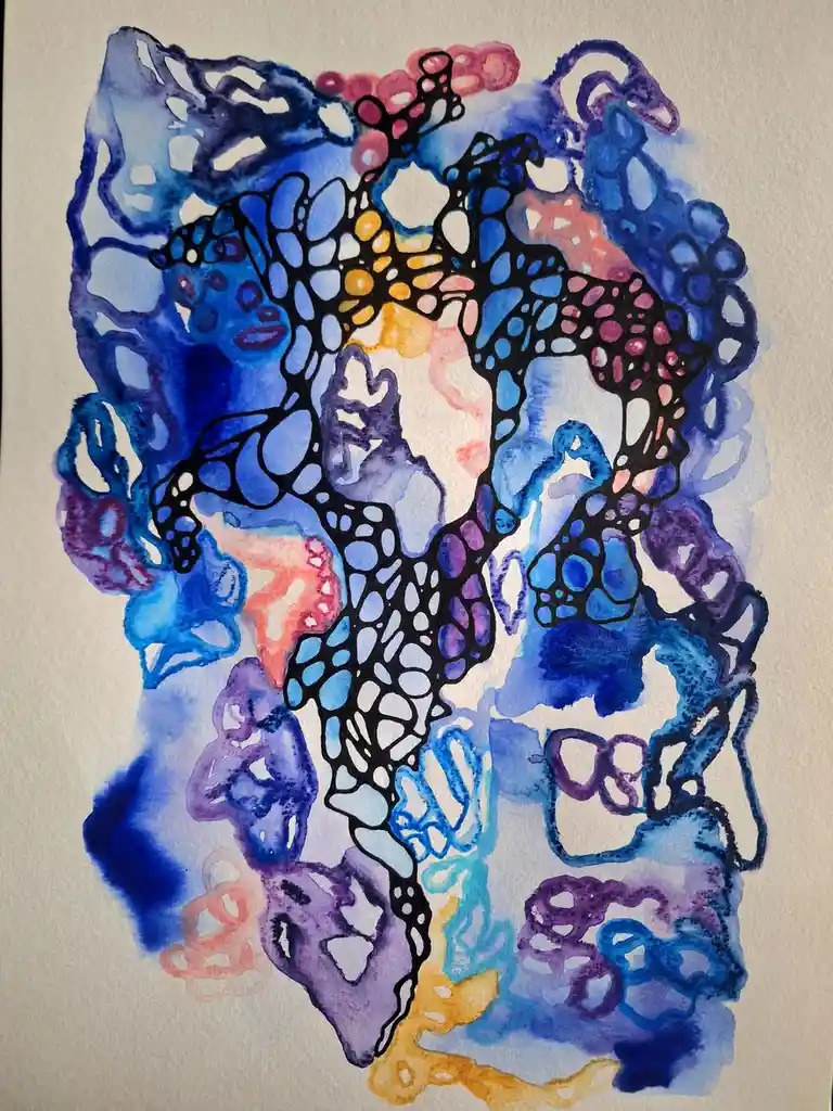 A watercolor painting on textured paper features abstract, organic shapes in shades of blue, purple, pink, and yellow…
