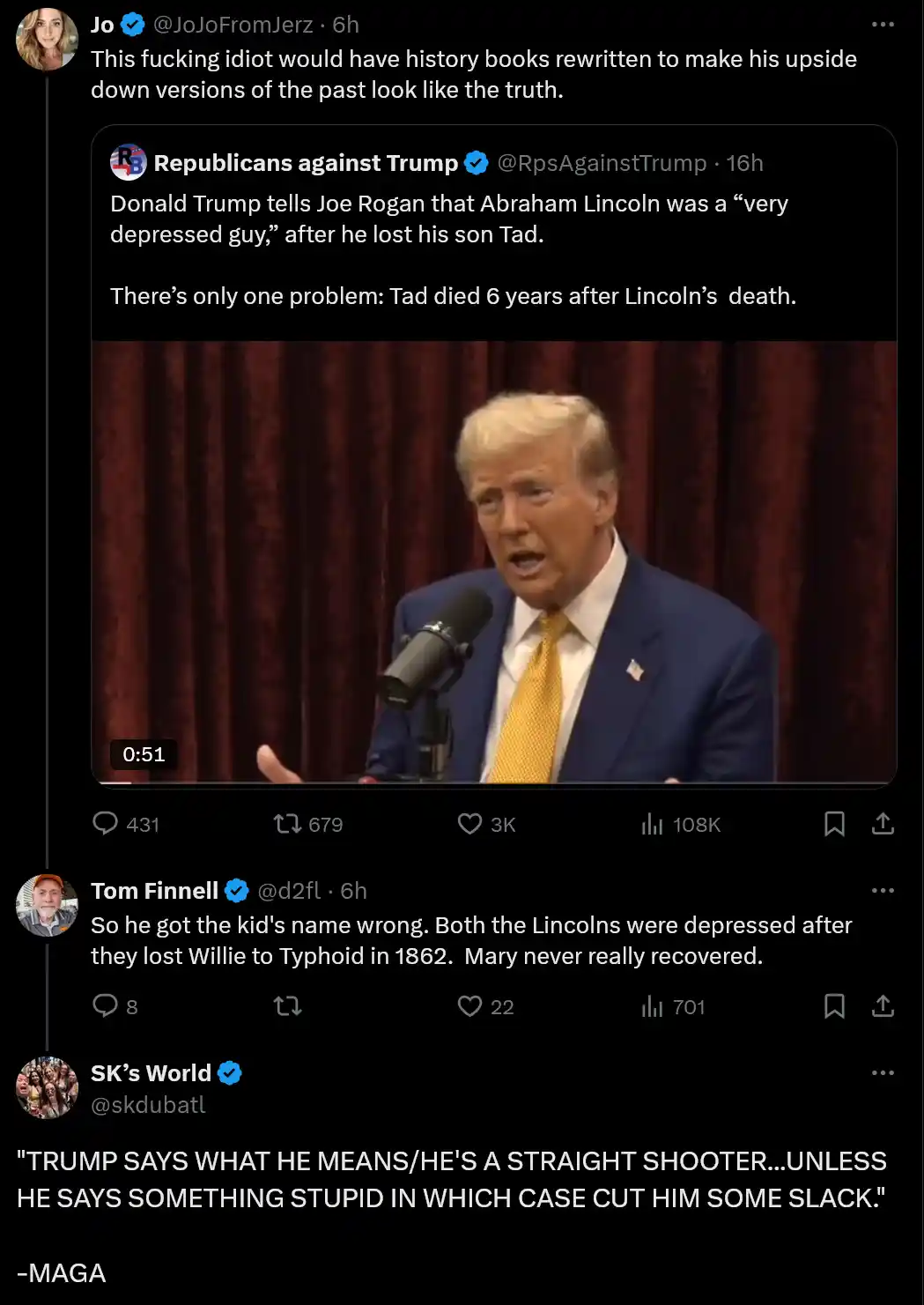 A screenshot of a Twitter thread shows a video clip of Donald Trump speaking into a microphone while wearing a blue suit and…