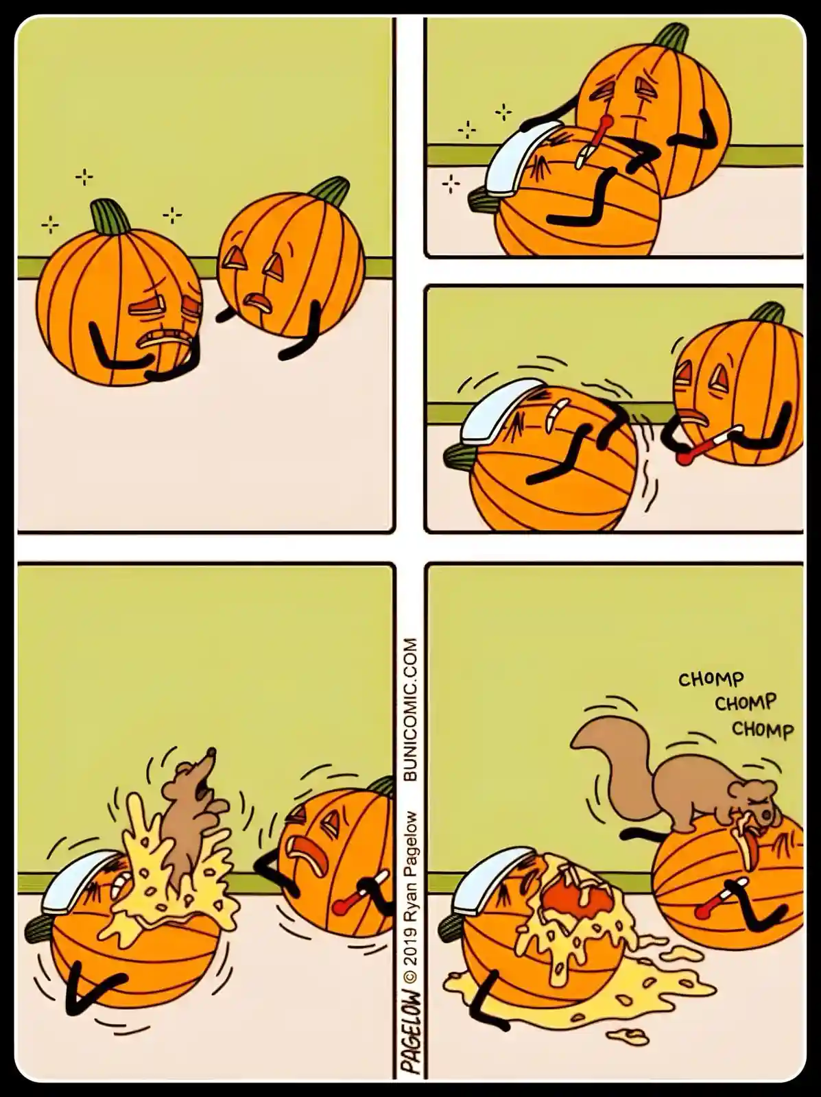 A four-panel comic strip shows two anthropomorphic pumpkins. In the first panel, they look sad. In the second, one has a…