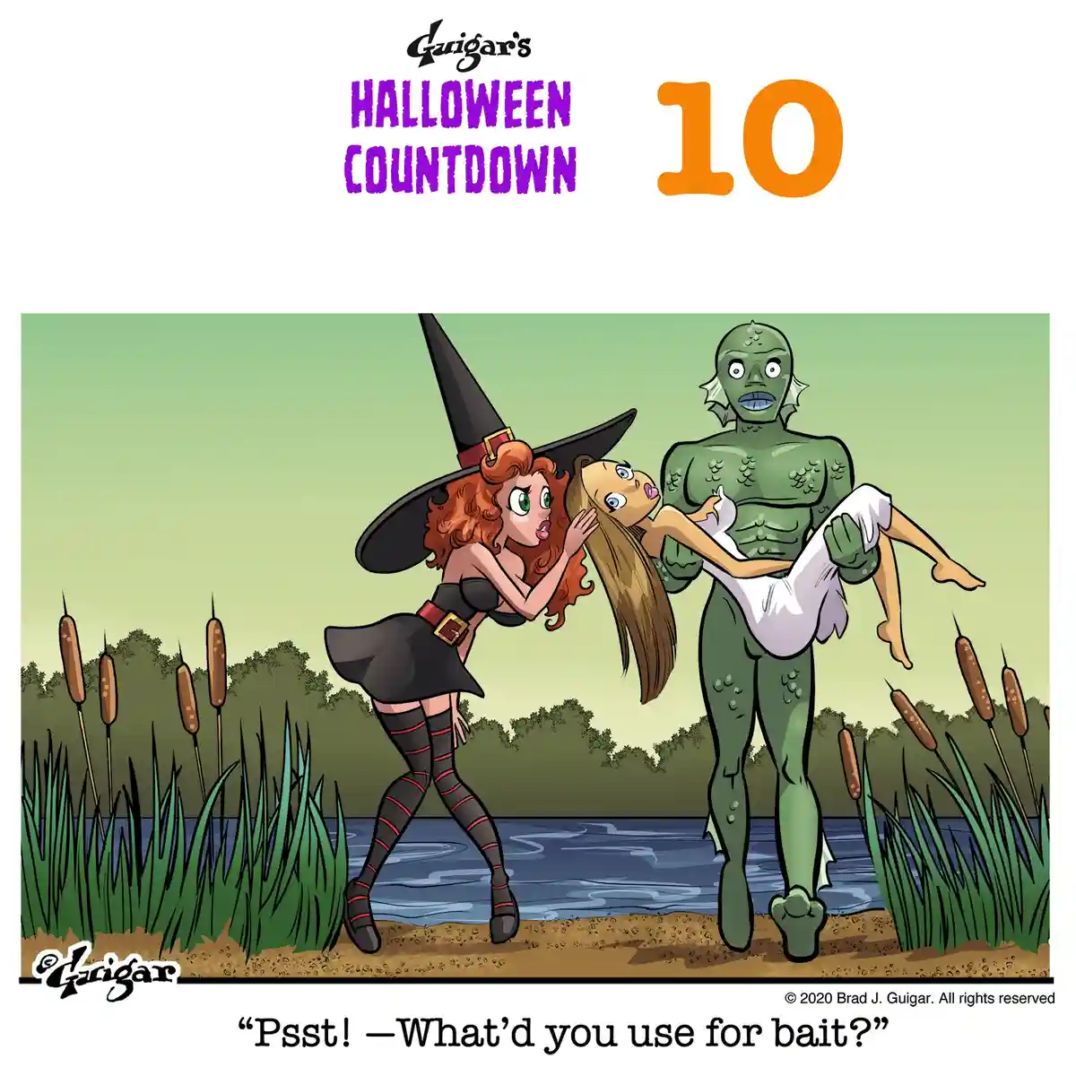 A cartoon witch in a black hat and striped stockings whispers to a green, fish-like monster holding a woman in a white dress…