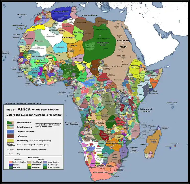 A detailed historical map of Africa in 1880, showing numerous pre-colonial kingdoms, empires, and tribal regions in various…