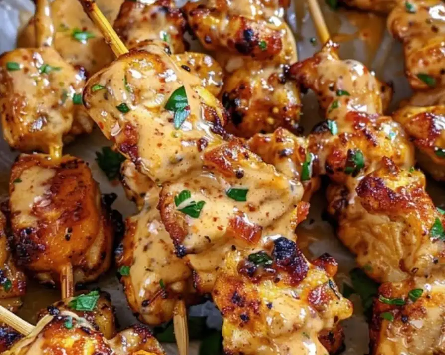 A close-up photo of grilled chicken skewers glazed with a creamy sauce and garnished with chopped green herbs. The text…