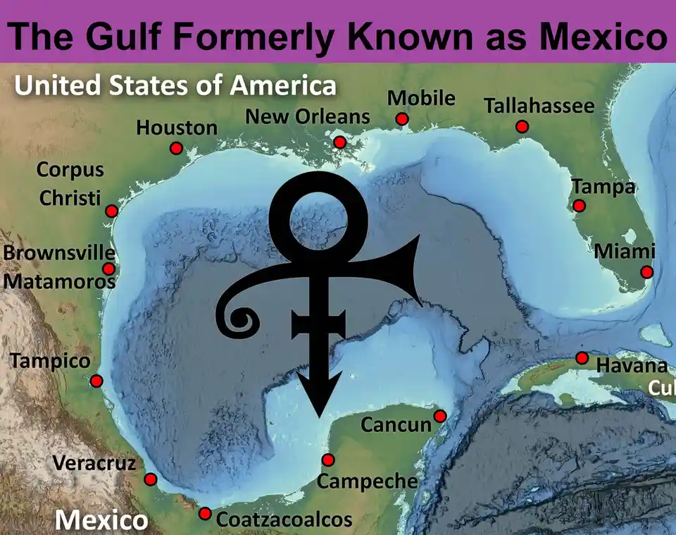 A map of the Gulf of Mexico with cities labeled on both the U.S. and Mexican coasts, overlaid with a large black Prince logo…