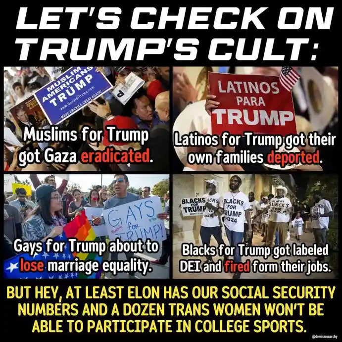 A four-panel meme collage shows crowds holding signs like 'Muslims for Trump' and 'Blacks for Trump'. Each panel is overlaid…