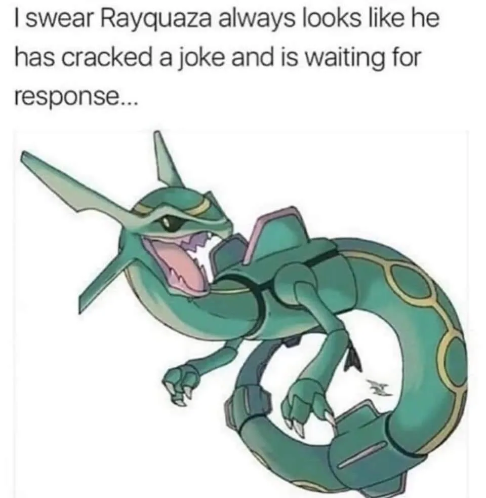 The image shows the Pokémon Rayquaza, a green, serpentine dragon with a long tail coiled into a circle, sharp claws, and a…