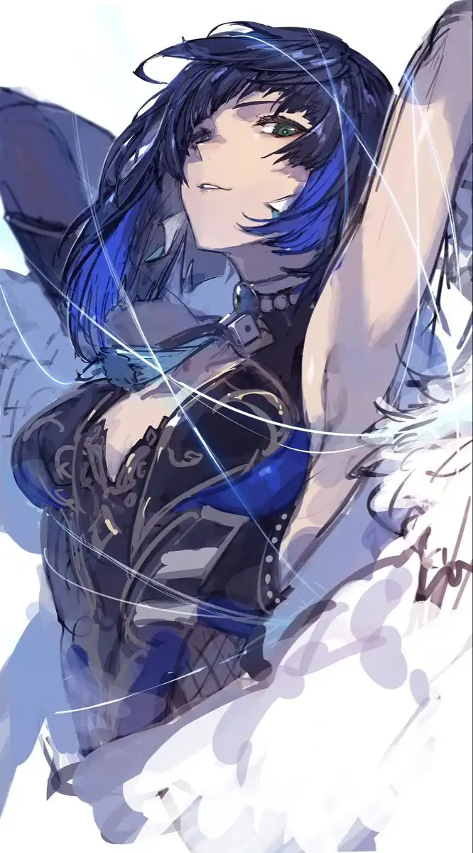 An anime-style illustration of a female character with dark blue hair and green eyes, wearing a dark corset and white…